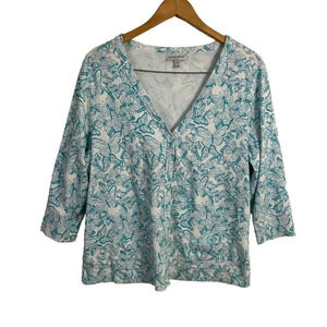 Fashion Bug Blue White Butterfly Cardigan 1X Sweater 3/4 Sleeve 100% Cotton Top